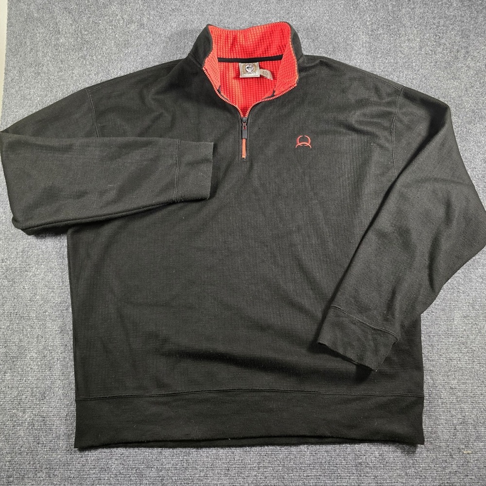 Cinch Men's XL 1/4 Zip Pullover Sweater Black Red Logo Mock Neck